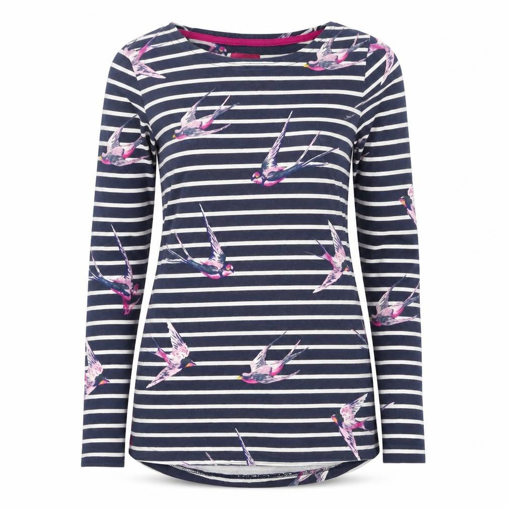 Joules Women’s Blue Striped Bird Print Long Sleeve Cotton Top UK 8