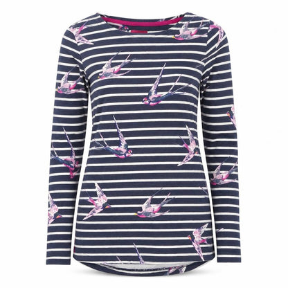Joules Women’s Blue Striped Bird Print Long Sleeve Cotton Top UK 8
