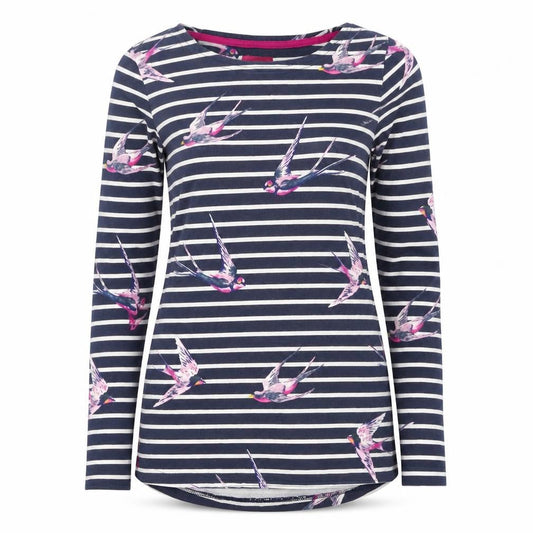 Joules Women’s Blue Striped Bird Print Long Sleeve Cotton Top UK 8