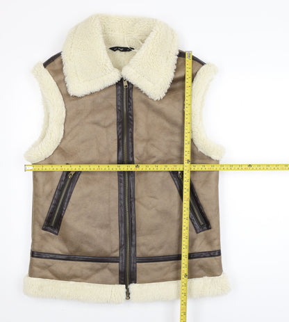 F&F Women Beige Faux Shearling Lined Zip Waistcoat Size S