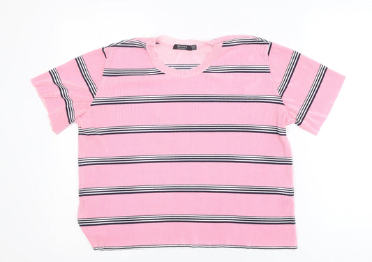 Bershka Women's Pink Striped Short Sleeve Basic T-Shirt Size 12