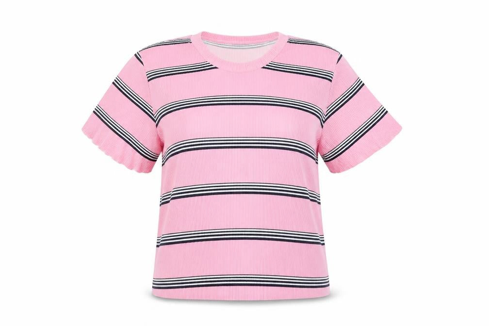 Bershka Women's Pink Striped Short Sleeve Basic T-Shirt Size 12