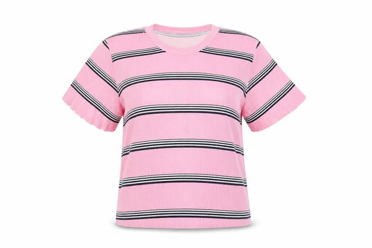 Bershka Women's Pink Striped Short Sleeve Basic T-Shirt Size 12