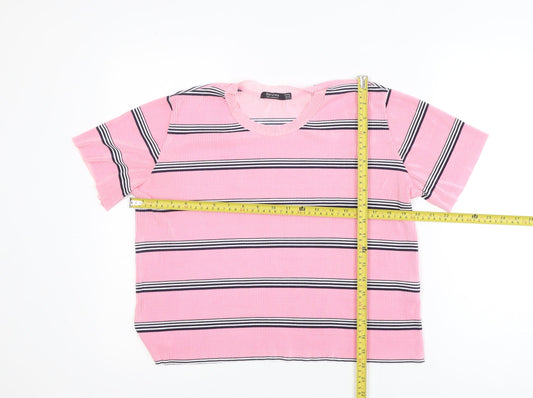 Bershka Women's Pink Striped Short Sleeve Basic T-Shirt Size 12
