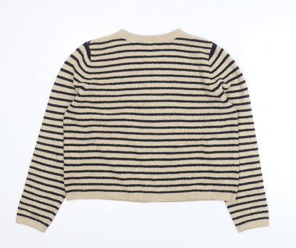 Dunnes Women Beige Stripe Knit Cardigan L Long Sleeve