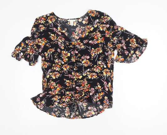 H&M Womens Black Floral V-Neck Blouse Size 10 Ruffle Short Sleeve Viscose
