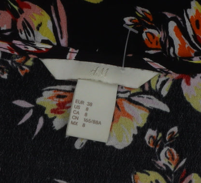 H&M Womens Black Floral V-Neck Blouse Size 10 Ruffle Short Sleeve Viscose