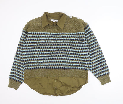 Next Women Olive Green Fair Isle Knit Layered Jumper M Wool Blend