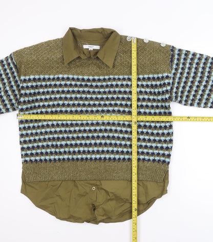Next Women Olive Green Fair Isle Knit Layered Jumper M Wool Blend