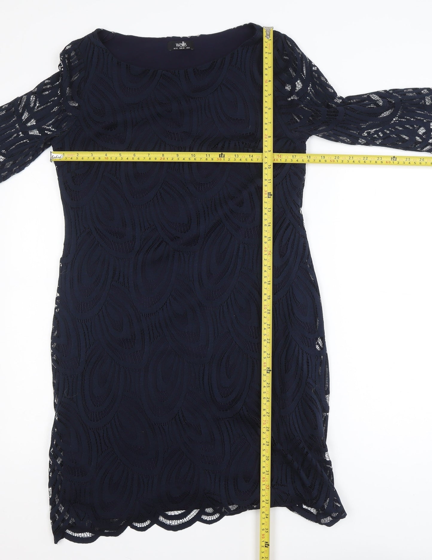 Wallis Women Blue Lace Sheath Dress Size 12 3/4 Sleeve