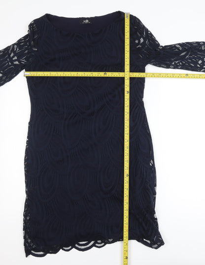 Wallis Women Blue Lace Sheath Dress Size 12 3/4 Sleeve