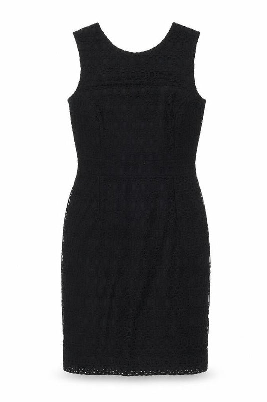 Front view of Dunnes Women Black Lace Sheath Knee Length Dress, size 14