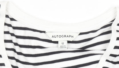 Marks and Spencer Autograph Womens White Black Striped V-Neck T-Shirt Size 12