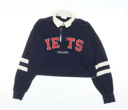 iets frans Women's Blue Cropped Collared Long Sleeve Button-Up Top Size S