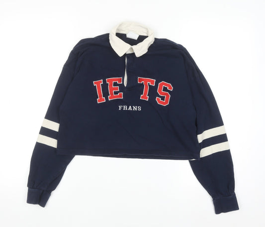 iets frans Women's Blue Cropped Collared Long Sleeve Button-Up Top Size S