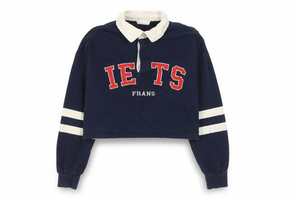 iets frans Women's Blue Cropped Collared Long Sleeve Button-Up Top Size S