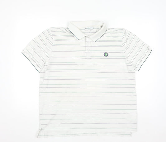 Wimbledon Men's White Striped Cotton Polo Shirt L Regular Fit