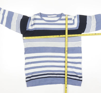 EWM Womens Blue Striped Cotton Crew Neck Long Sleeve Jumper Size 14