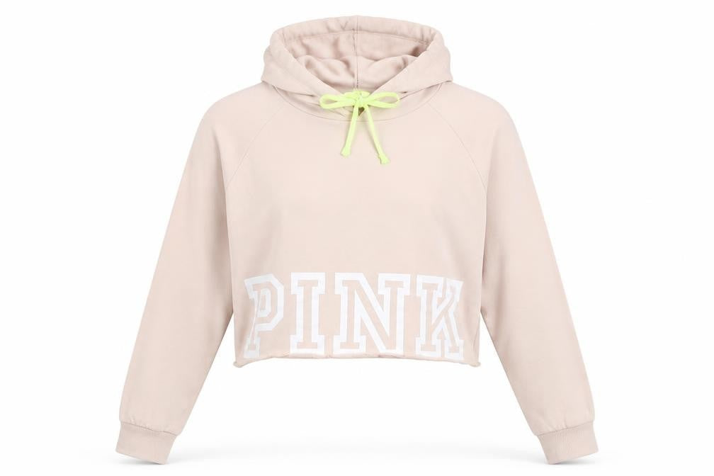 Victoria's Secret PINK Womens Beige Cropped Hoodie M Drawstring Logo