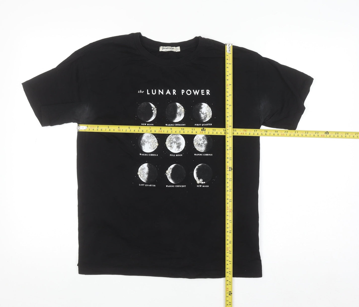 Stradivarius Womens Black Lunar Phases Graphic Cotton T-Shirt S