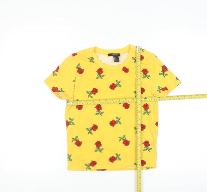 Forever 21 Women's Yellow Floral Rose Print Cotton T-Shirt Size S