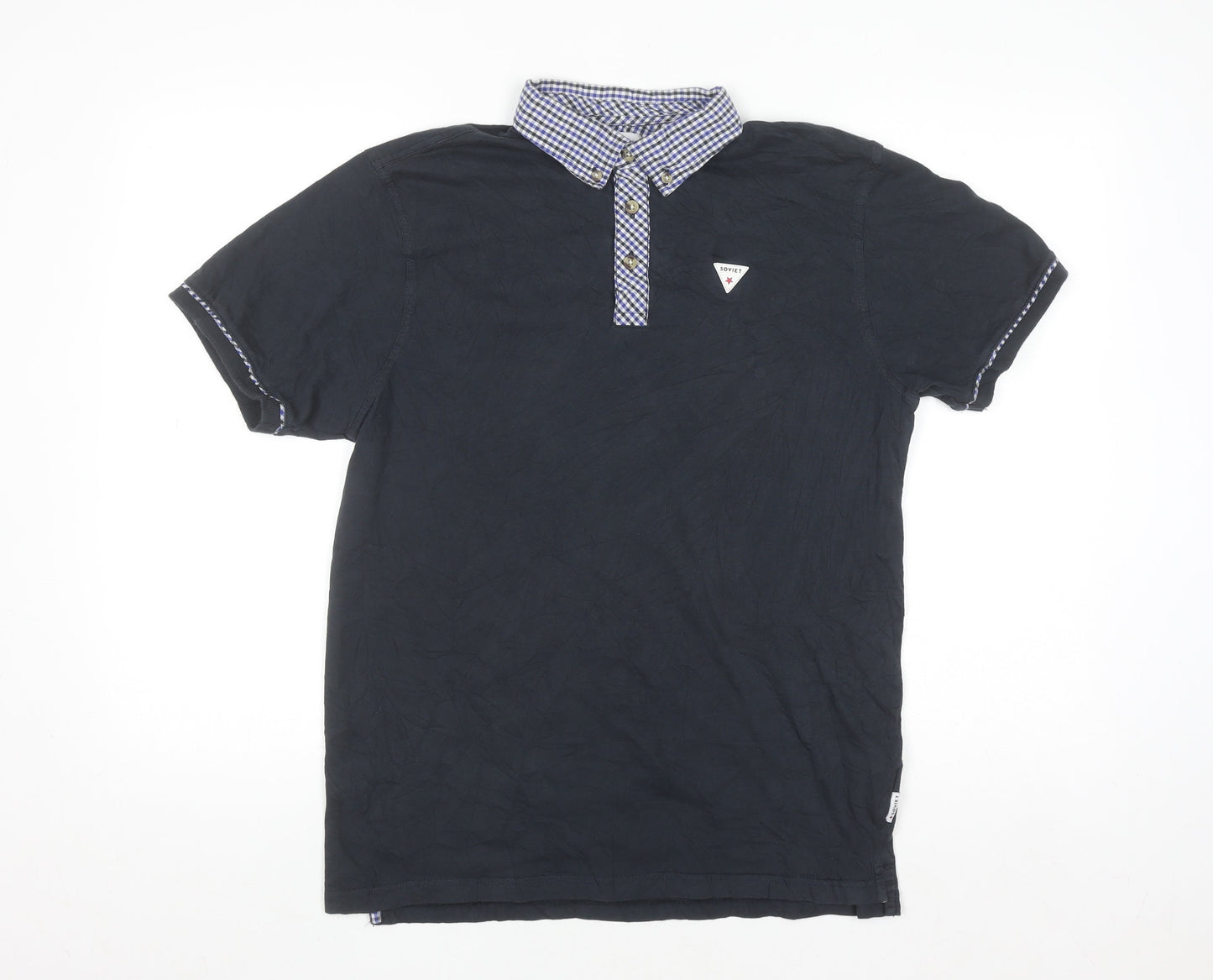 Soviet Men's Black Check Collar Polo Shirt Size L Cotton