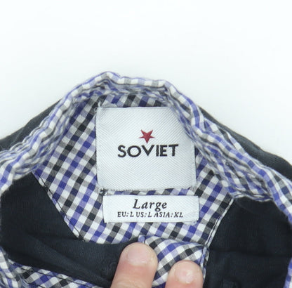 Soviet Men's Black Check Collar Polo Shirt Size L Cotton