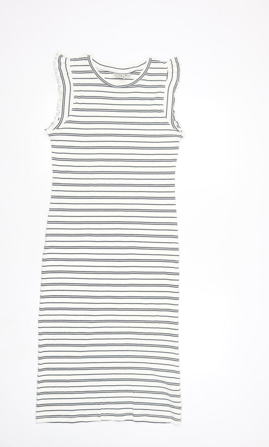 ICHI Women’s White Striped Sleeveless Midi Bodycon Dress Size S