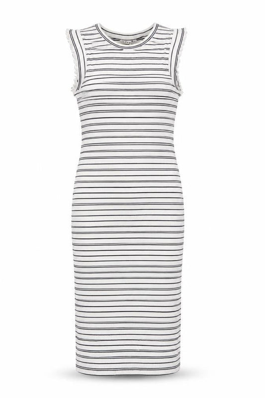 Front view of ICHI Women’s White Striped Sleeveless Midi Bodycon Dress, size S