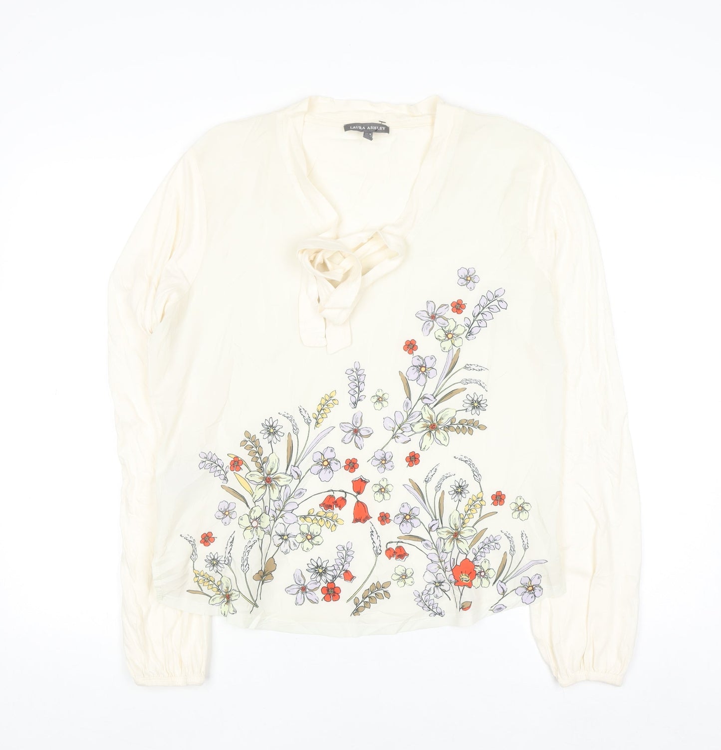 Laura Ashley Women’s Ivory Floral Bow Neck Long Sleeve Tunic Blouse Size 16