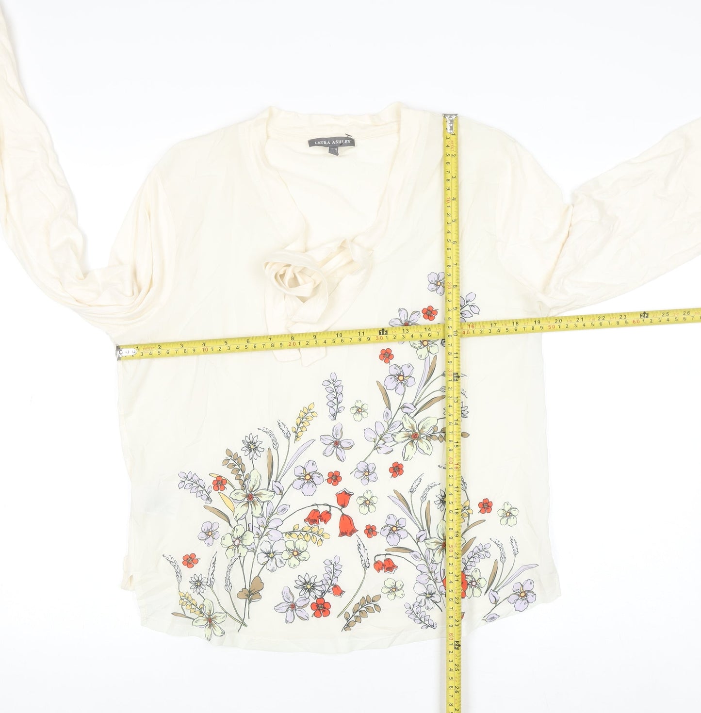 Laura Ashley Women’s Ivory Floral Bow Neck Long Sleeve Tunic Blouse Size 16