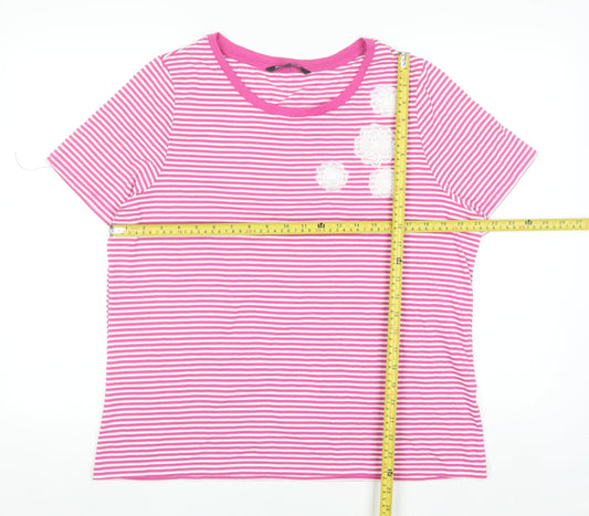 Bonmarché Women Pink Striped Embroidered Short Sleeve T-Shirt Size 18