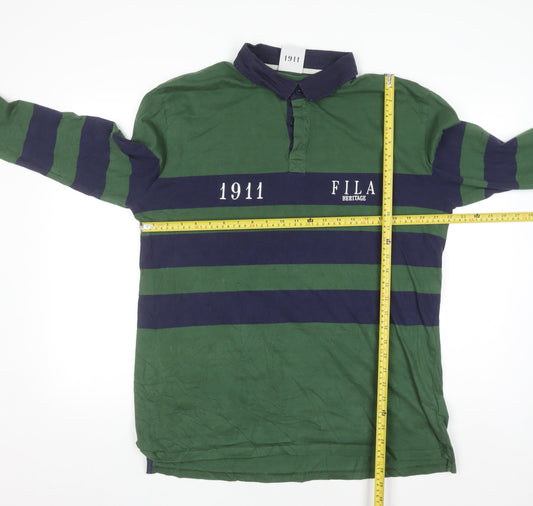 Fila Heritage Men's Green Striped Long Sleeve Polo Shirt XL