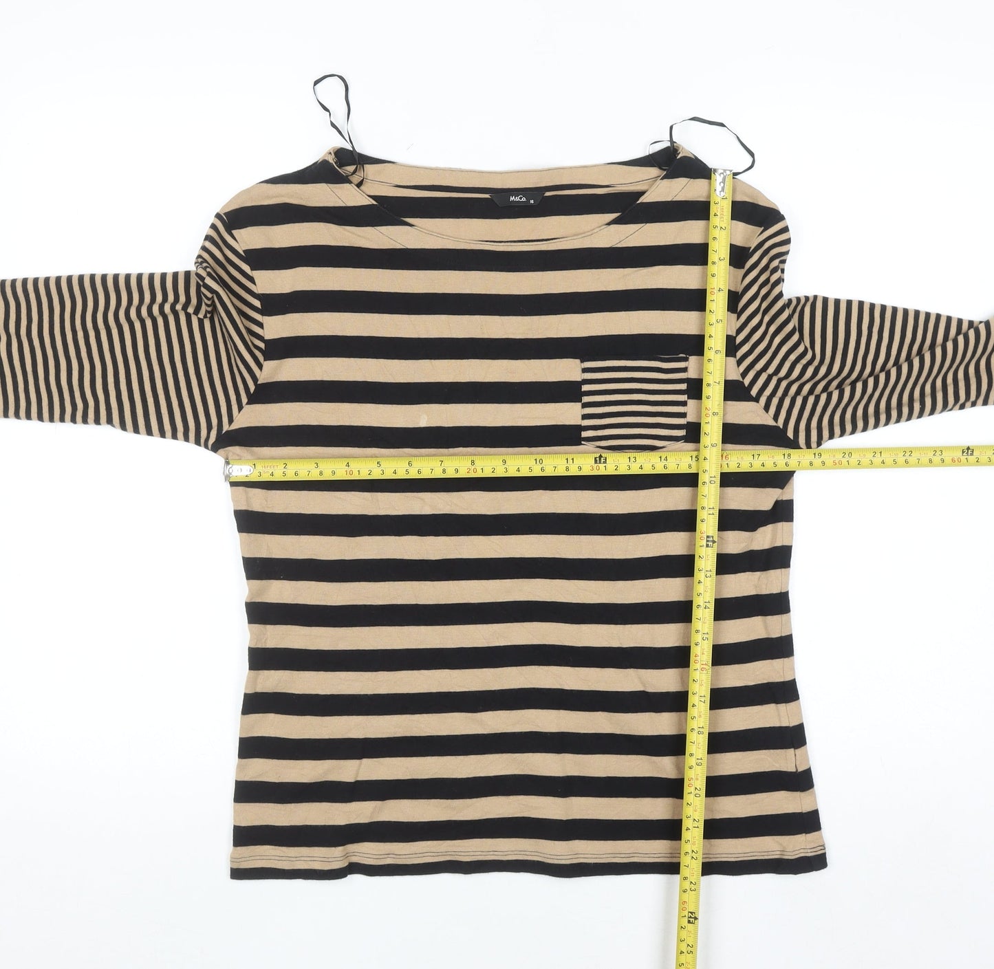 M&Co. Women Beige Black Striped Cotton 3/4 Sleeve T-Shirt Size 16