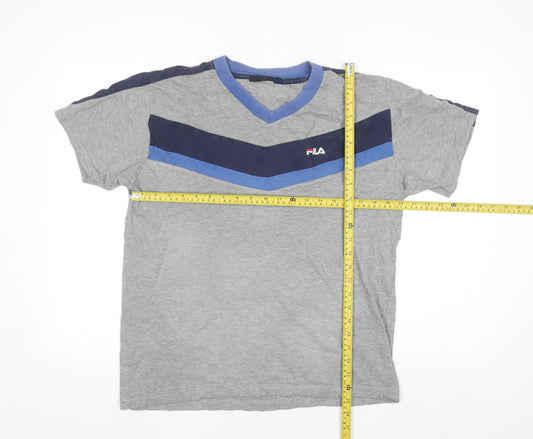 FILA Men's Grey V-Neck Colourblock Sports T-Shirt Size L