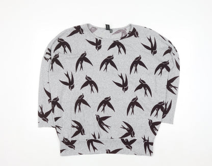 Izabel London Womens Grey Bird Print Relaxed Fit Pullover Jumper Size 10