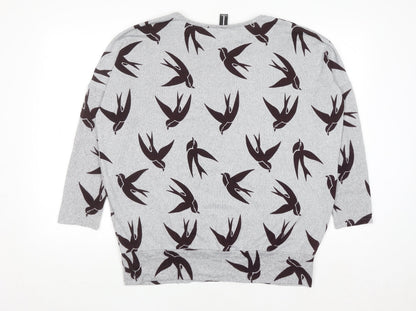 Izabel London Womens Grey Bird Print Relaxed Fit Pullover Jumper Size 10