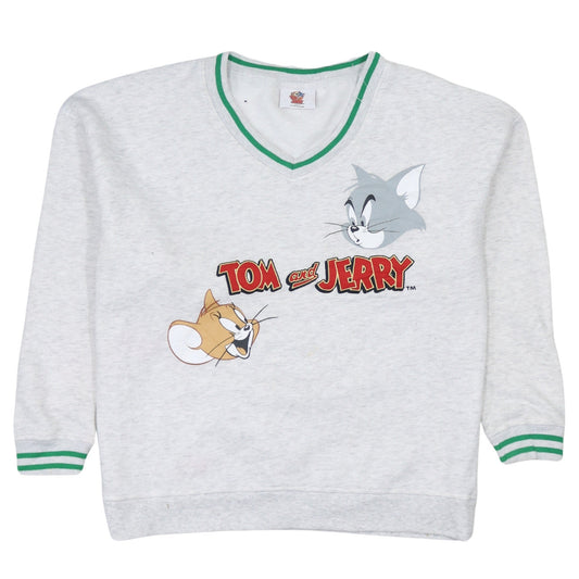 Tom and Jerry Women Grey Cartoon Sweatshirt Size S V-Neck Pullover
