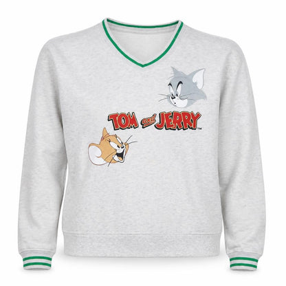 Tom and Jerry Women Grey Cartoon Sweatshirt Size S V-Neck Pullover
