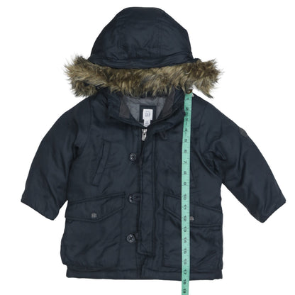 GAP Boys Black 2 Years Hooded Down Winter Parka Coat with Faux Fur Trim