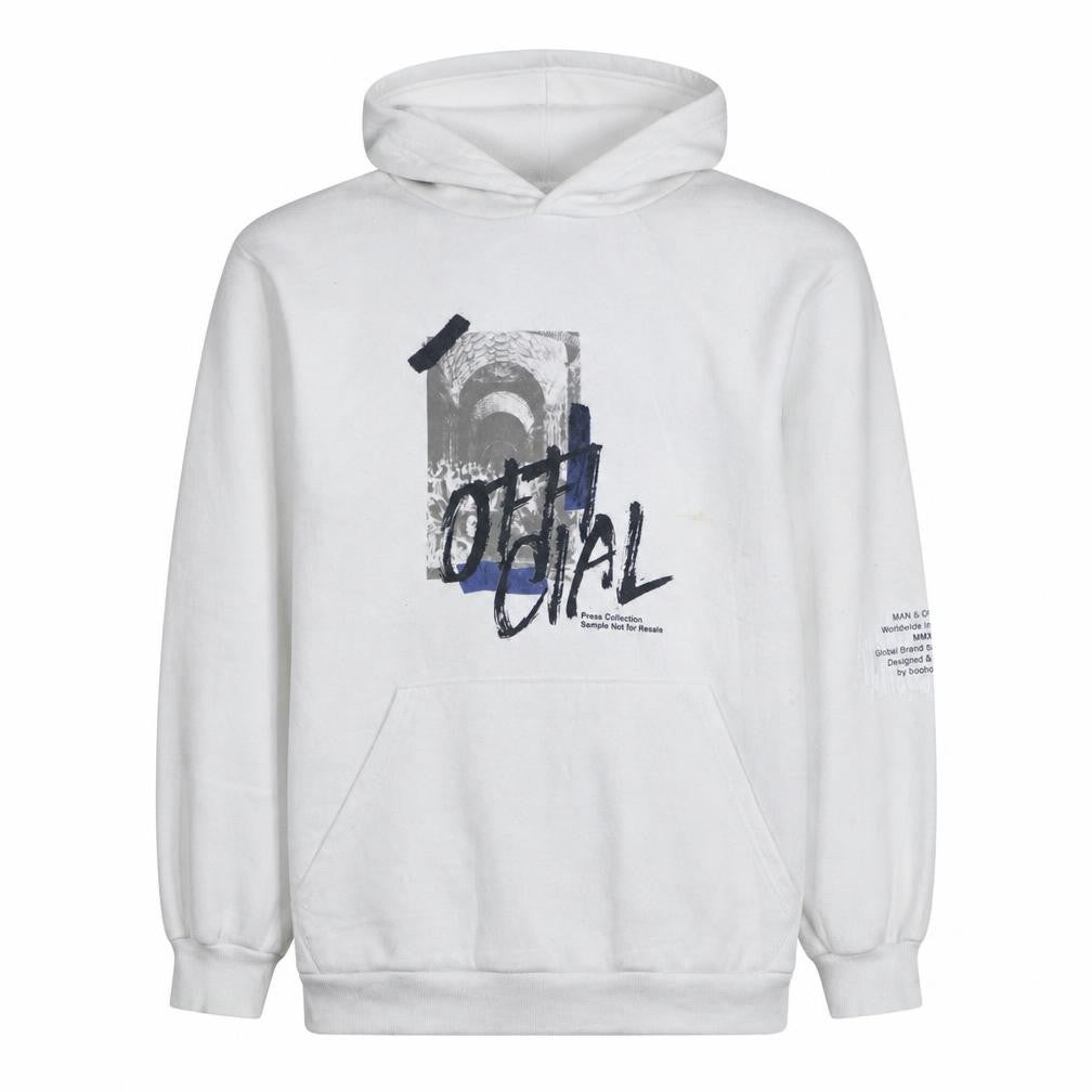 boohooMAN Mens White Graphic Print Pullover Hoodie L