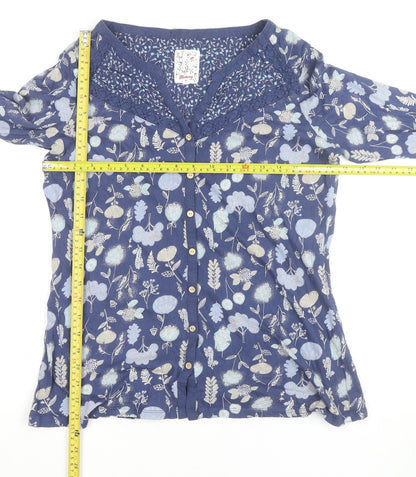 Mantaray Women Blue Floral Cotton Long Sleeve Tunic Blouse Size 12