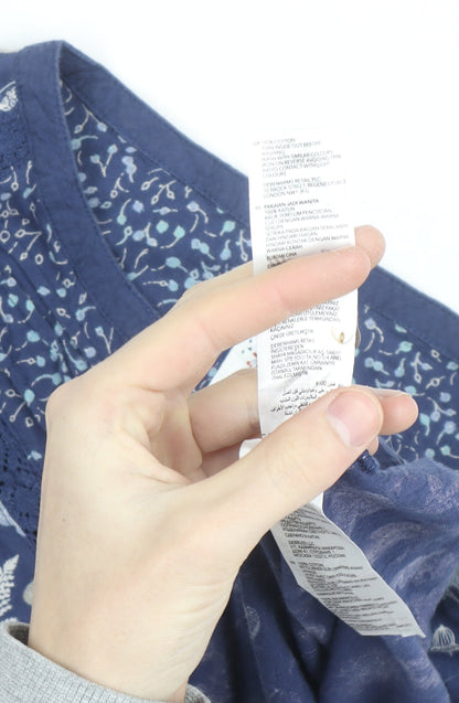Mantaray Women Blue Floral Cotton Long Sleeve Tunic Blouse Size 12