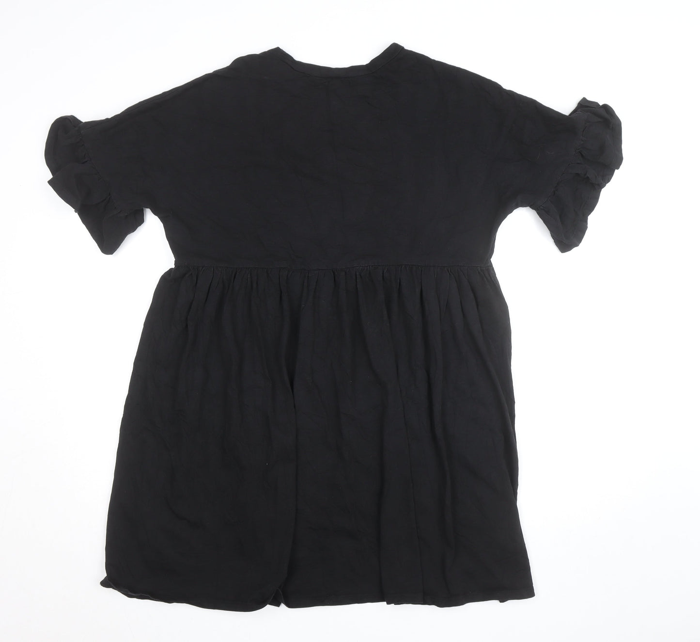 ASOS Women’s Black Knee Length Smock Dress Size 12 Short Sleeve Ruffle