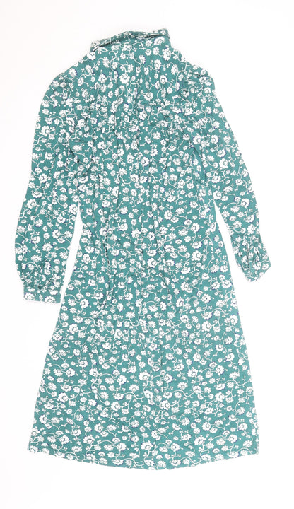 Monsoon Women Green Floral Shift Dress Size S Viscose Jersey Long Sleeve