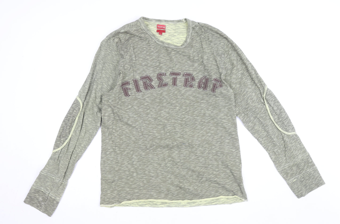 Firetrap Men's Green Long Sleeve Cotton Crew Neck Top Medium