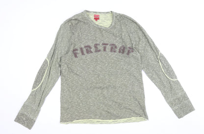 Firetrap Men's Green Long Sleeve Cotton Crew Neck Top Medium
