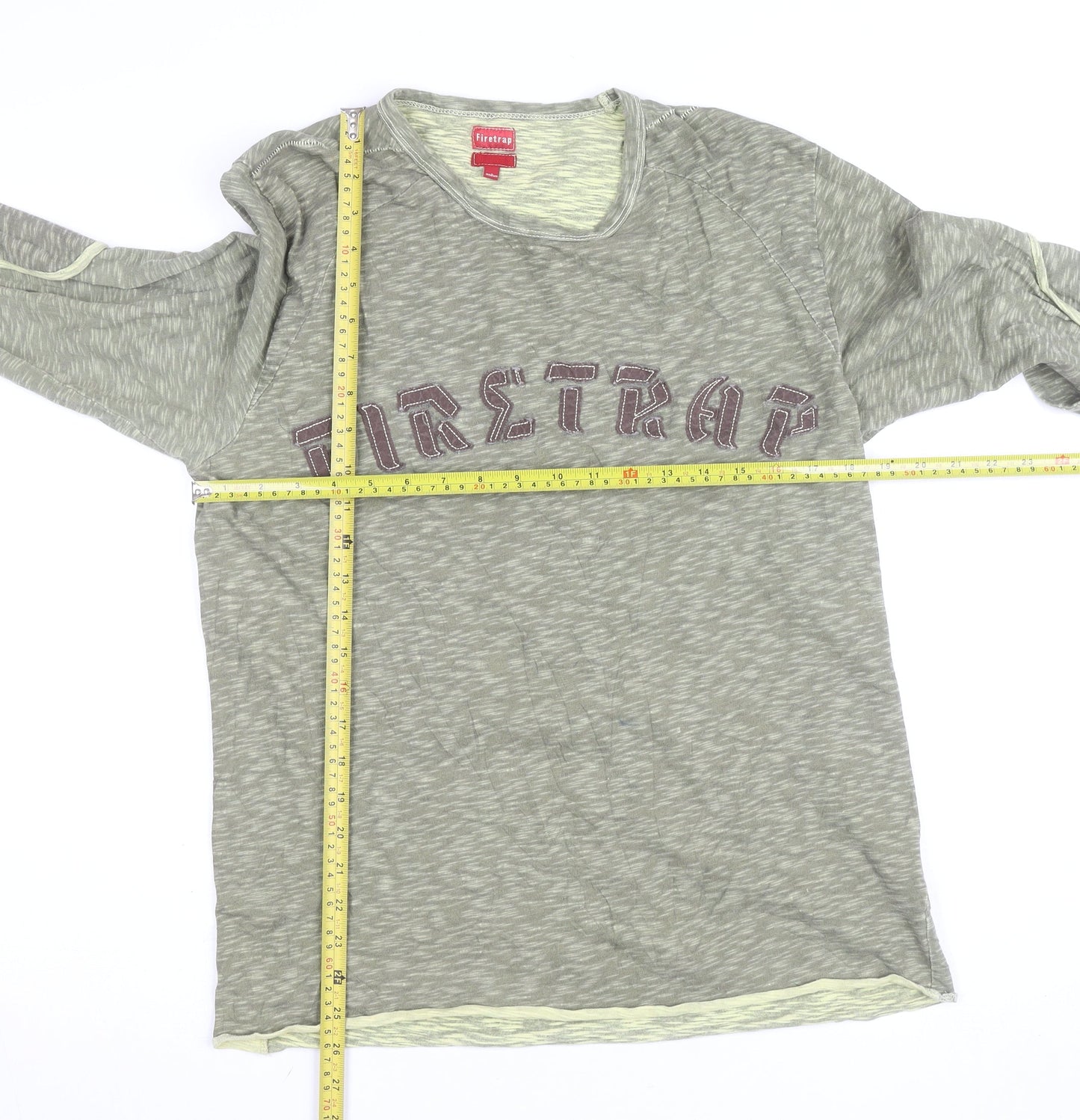Firetrap Men's Green Long Sleeve Cotton Crew Neck Top Medium