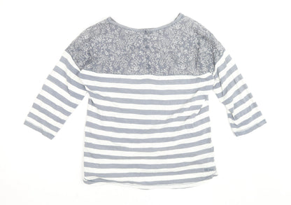 Fat Face Women's Grey White Striped Floral 3/4 Sleeve Cotton Top Size 12