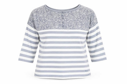 Fat Face Women's Grey White Striped Floral 3/4 Sleeve Cotton Top Size 12